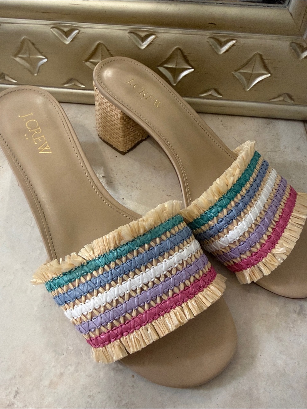 J. Crew Beige Raffia-Trim Slide Sandals with Multicolor Stripes
